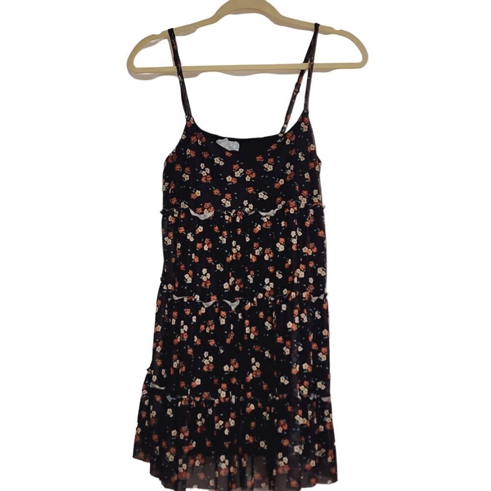 Sky & Sparrow dress black floral print tiered sheer overlay Whimsigoth M